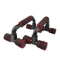 Pair of black and red press-up bars with foam-covered handles for a comfortable grip.