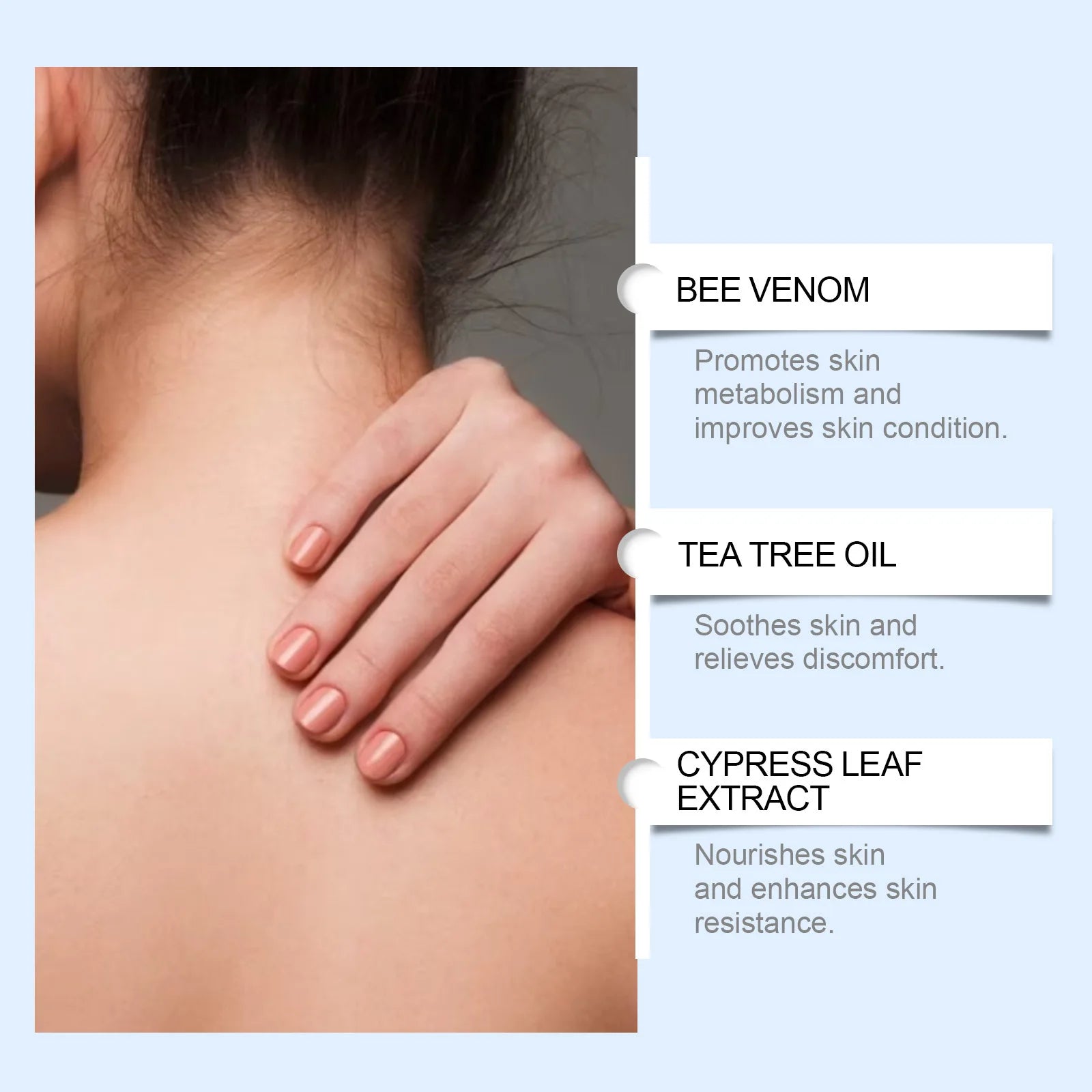 Woman’s hand touching her neck, with text listing bee venom, tea tree oil, and cypress leaf extract skin benefits.