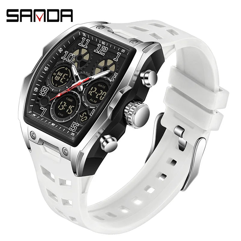 Men's dual-display sports watch with white silicone band, tonneau-shaped silver case, and black digital-analog dial.