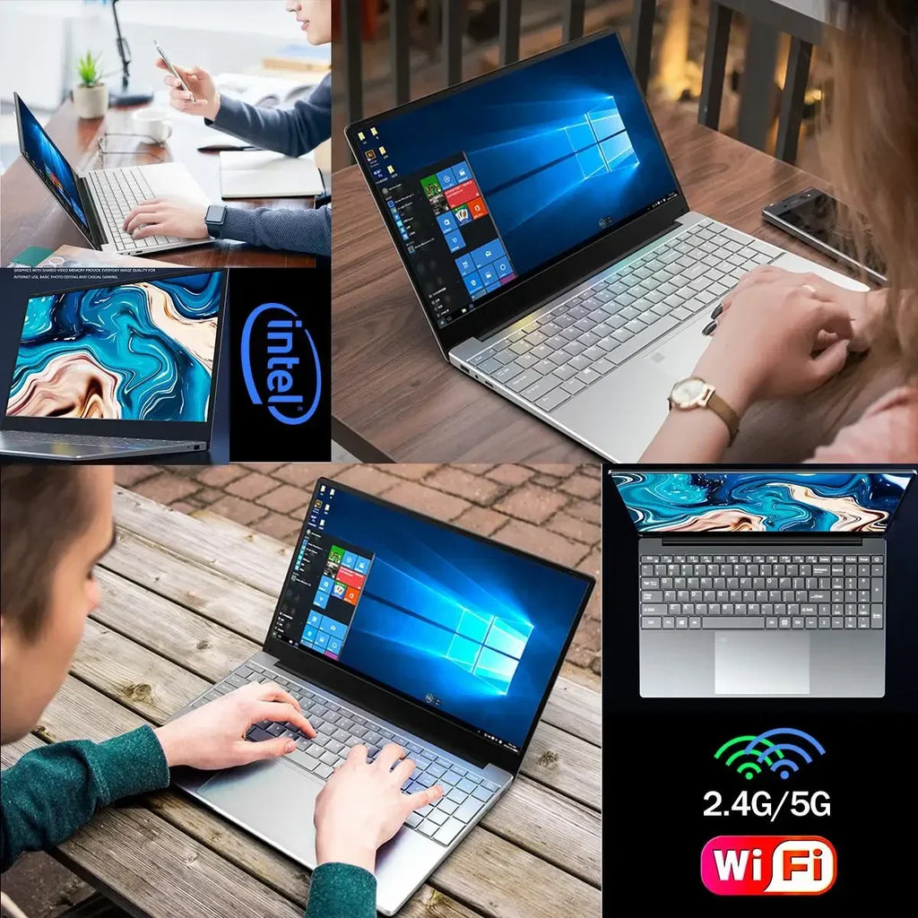 Silver 15.6-inch laptop with a slim bezel, full keyboard and bright IPS screen, shown in various work settings.