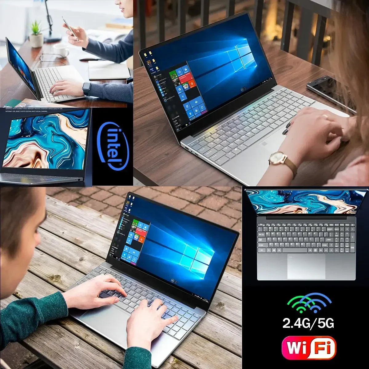 Silver 15.6-inch laptop with a slim bezel, full keyboard and bright IPS screen, shown in various work settings.