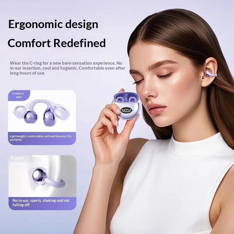 A woman wearing purple open-ear clip headphones with a matching digital charging case.