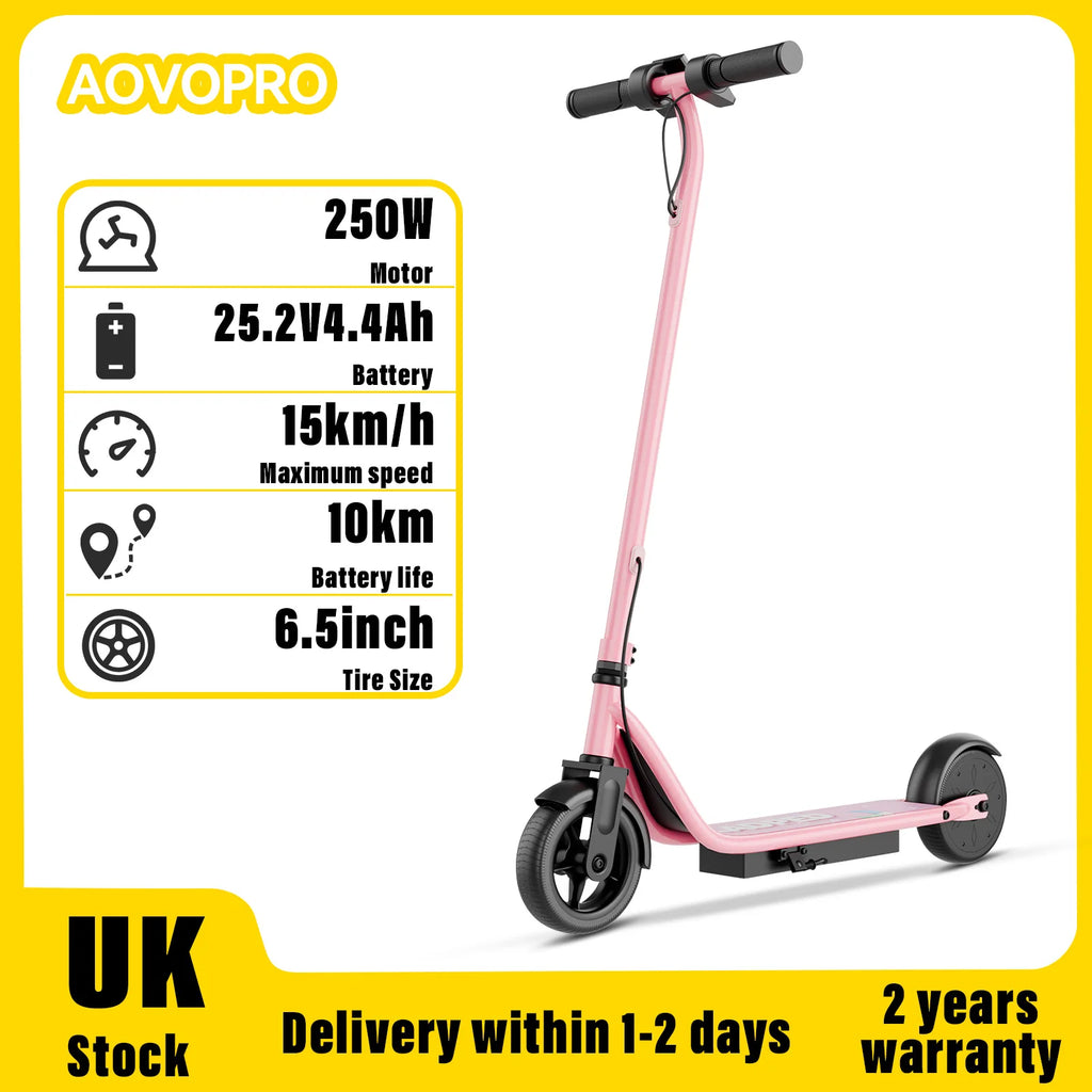 Pink Aovopro kids electric scooter with black handlebars, deck, and 6.5-inch wheels against a white background.