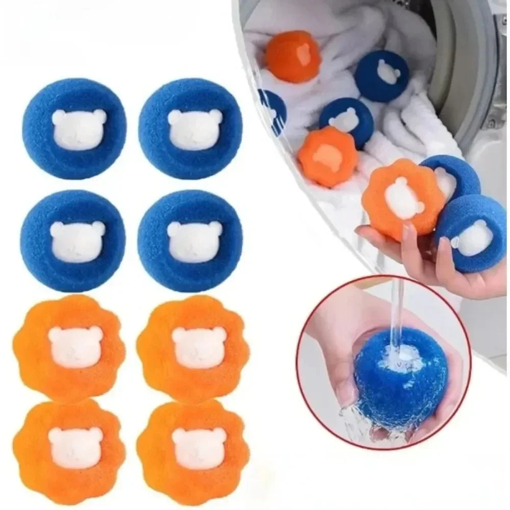 Blue and orange bear-shaped laundry sponge balls for removing lint and hair in a washing machine.
