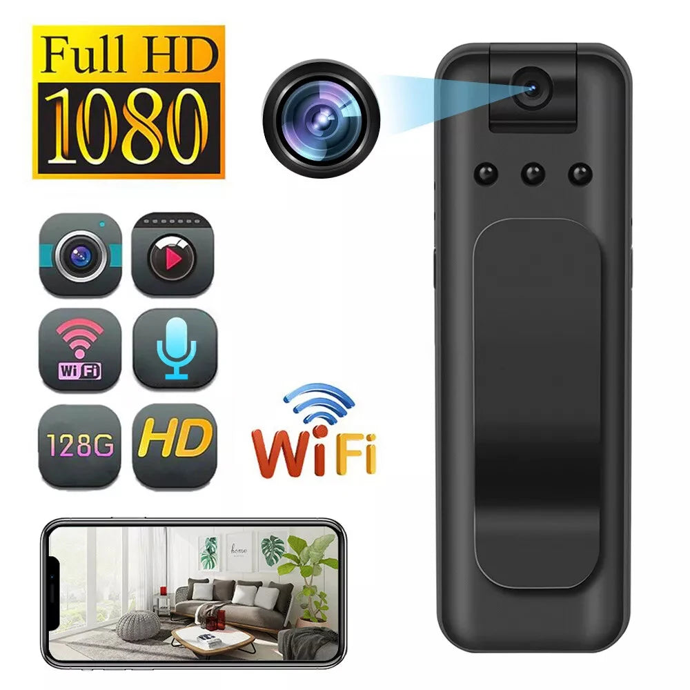Black plastic body-worn camera with clip, featuring 1080p video, Wi-Fi connectivity, and 128GB storage support.