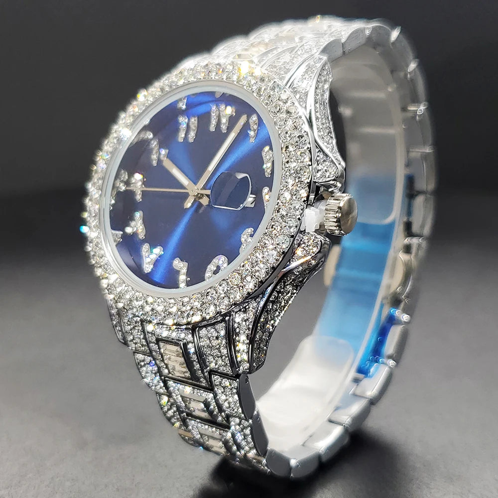Elegant women's watch with a deep blue dial, stone-encrusted silver-tone case and matching bracelet.