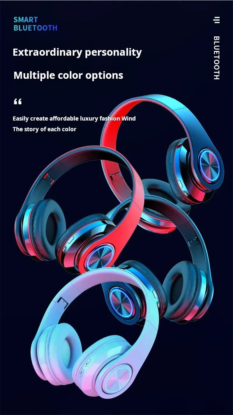 Wireless gaming headsets with LED lights, available in various colours including red, blue, and black.