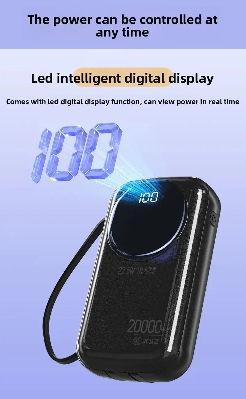 Black 20,000mAh power bank with LED digital display, built-in cable, and 22.5W fast charging capability.