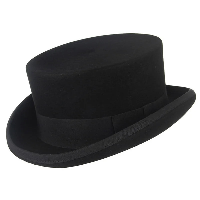 Classic black wool top hat with a vintage-style flat crown, rolled brim and a matching grosgrain ribbon band.