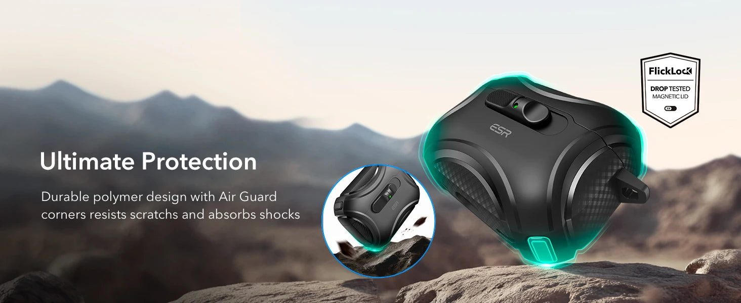 Black rugged polymer protective case for AirPods with magnetic FlickLock lid and shock-absorbing corners.