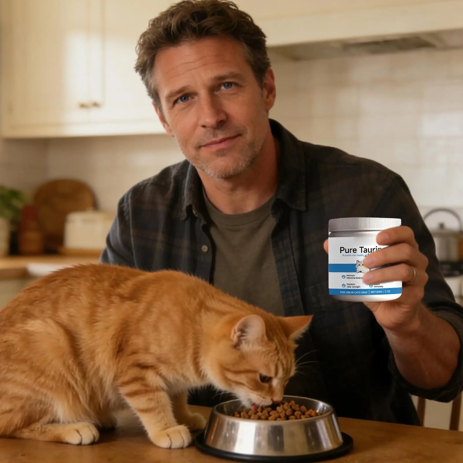 A man holds a white jar of cat taurine supplement while an orange tabby cat eats from a metal bowl in a kitchen.