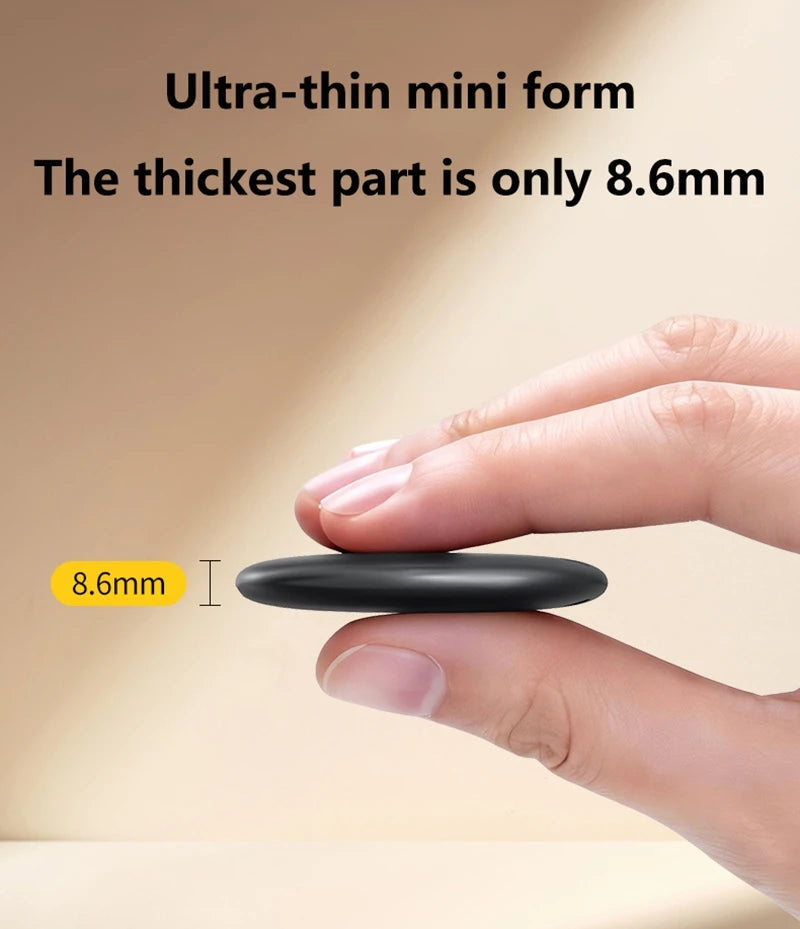 Ultra-thin, black portable shower speaker being held between fingers to show its slim 8.6mm profile.