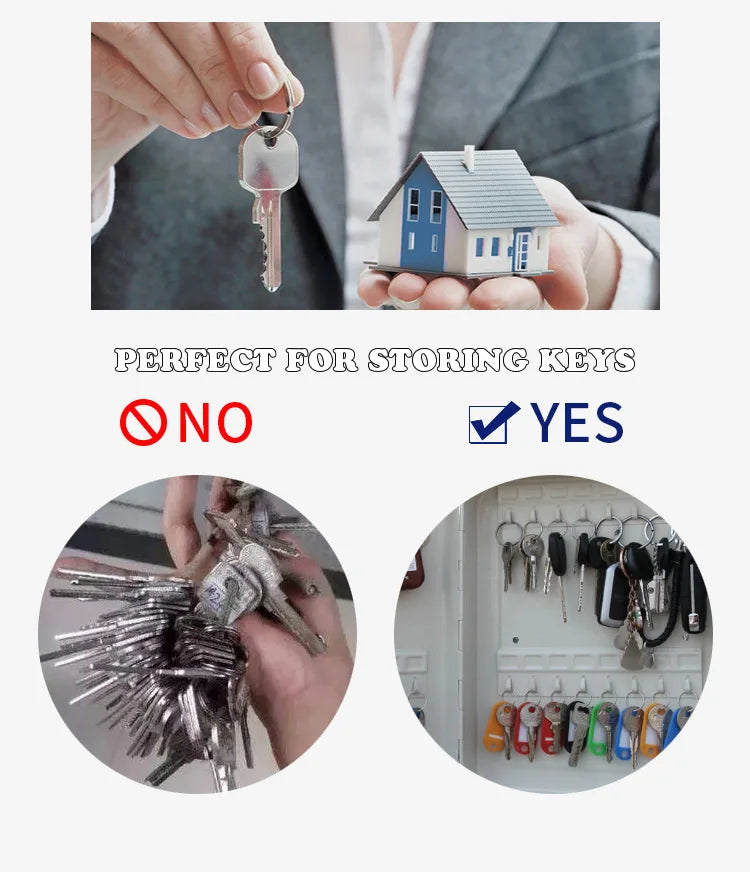 White metal wall-mounted key cabinet with hooks for organized storage of keys on colored key tags.