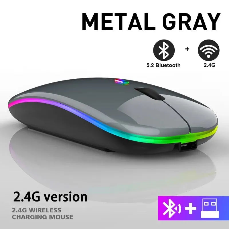 Sleek metal grey wireless gaming mouse with vibrant RGB LED lighting, dual Bluetooth and 2.4G connectivity.
