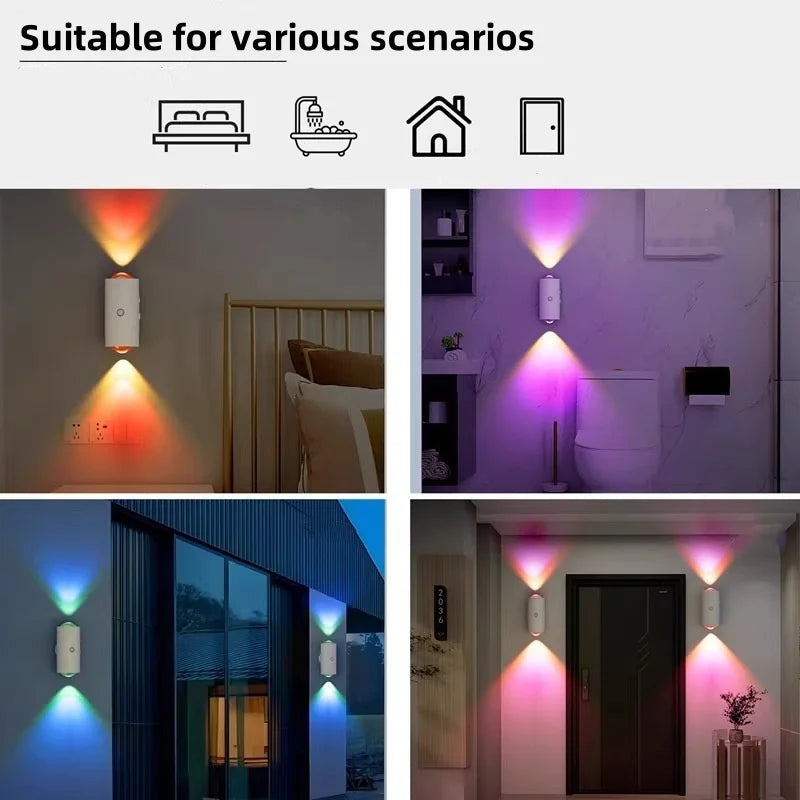 Rechargeable white wall lamps projecting colourful ambient light in bedrooms, bathrooms, and doorways.