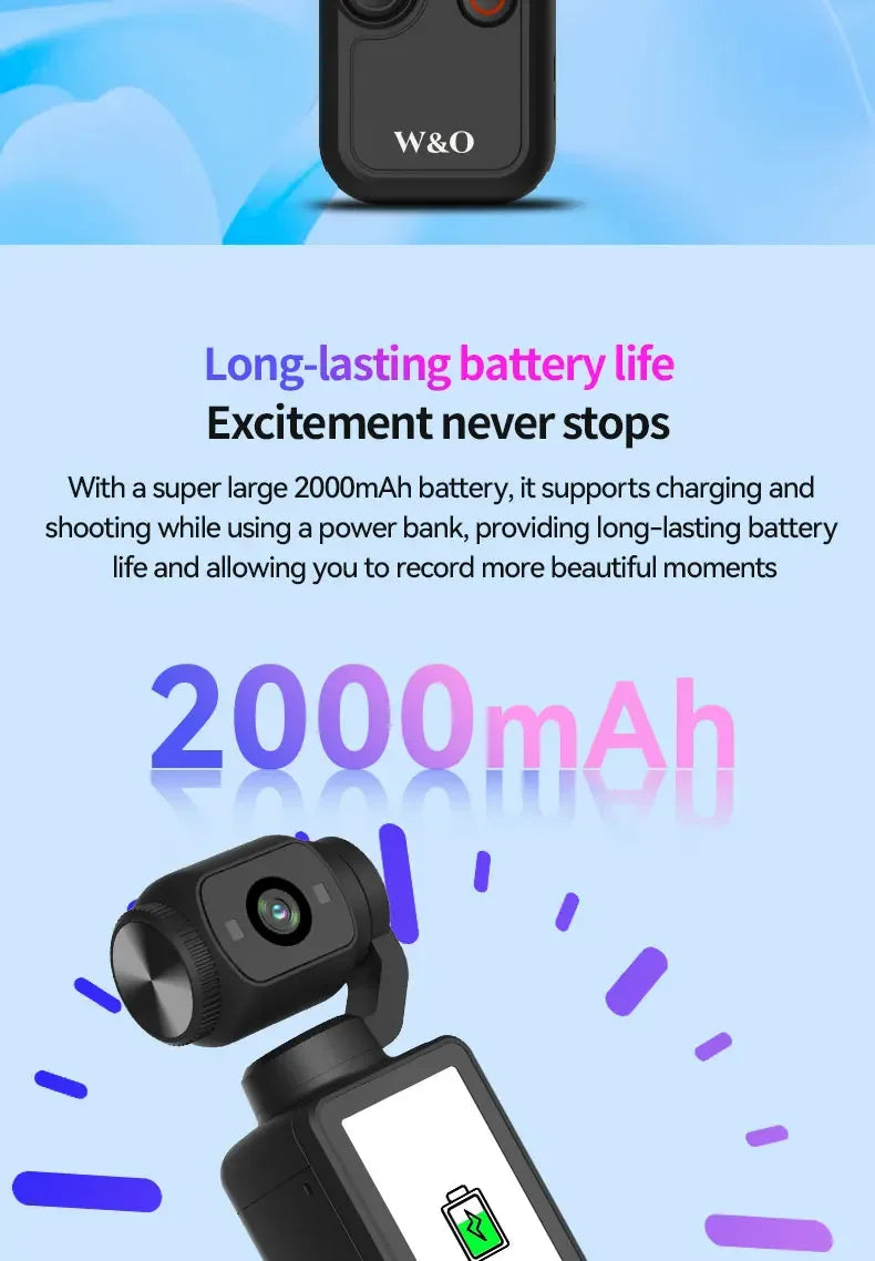 Black handheld camera with gimbal, lens, and screen displaying a battery charging icon on a light blue background.