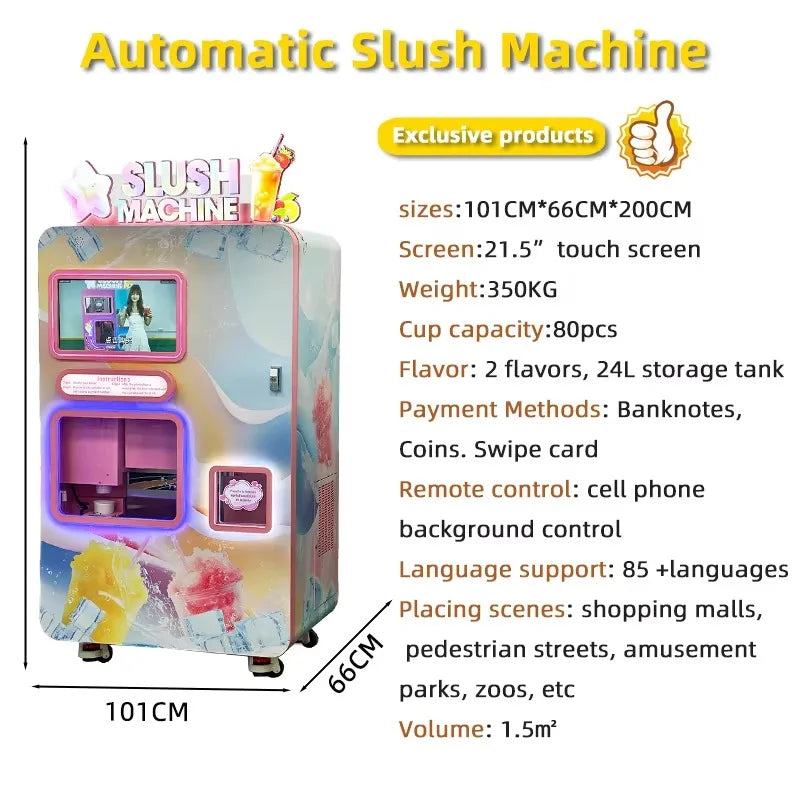 Pink slushie vending machine with touchscreen, payment slot, and colorful graphics with specifications text.