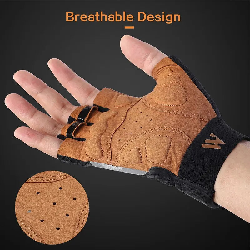 Tan fingerless cycling glove with black wrist strap, padded palm, and small ventilation holes for breathability.
