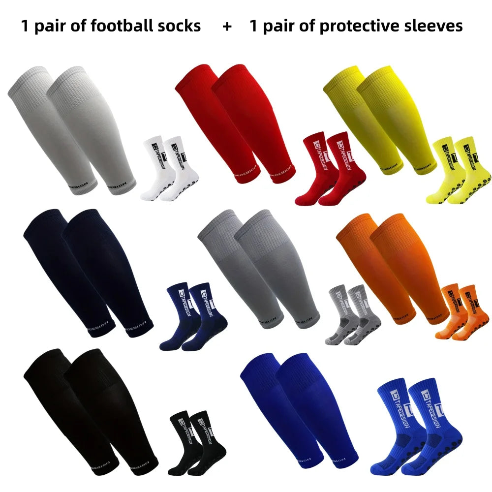 Multiple pairs of colourful football socks with matching protective leg sleeves in various shades.