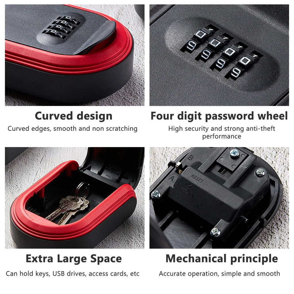 Black and red plastic wall-mounted key lock box with a four-digit combination code and interior storage space.