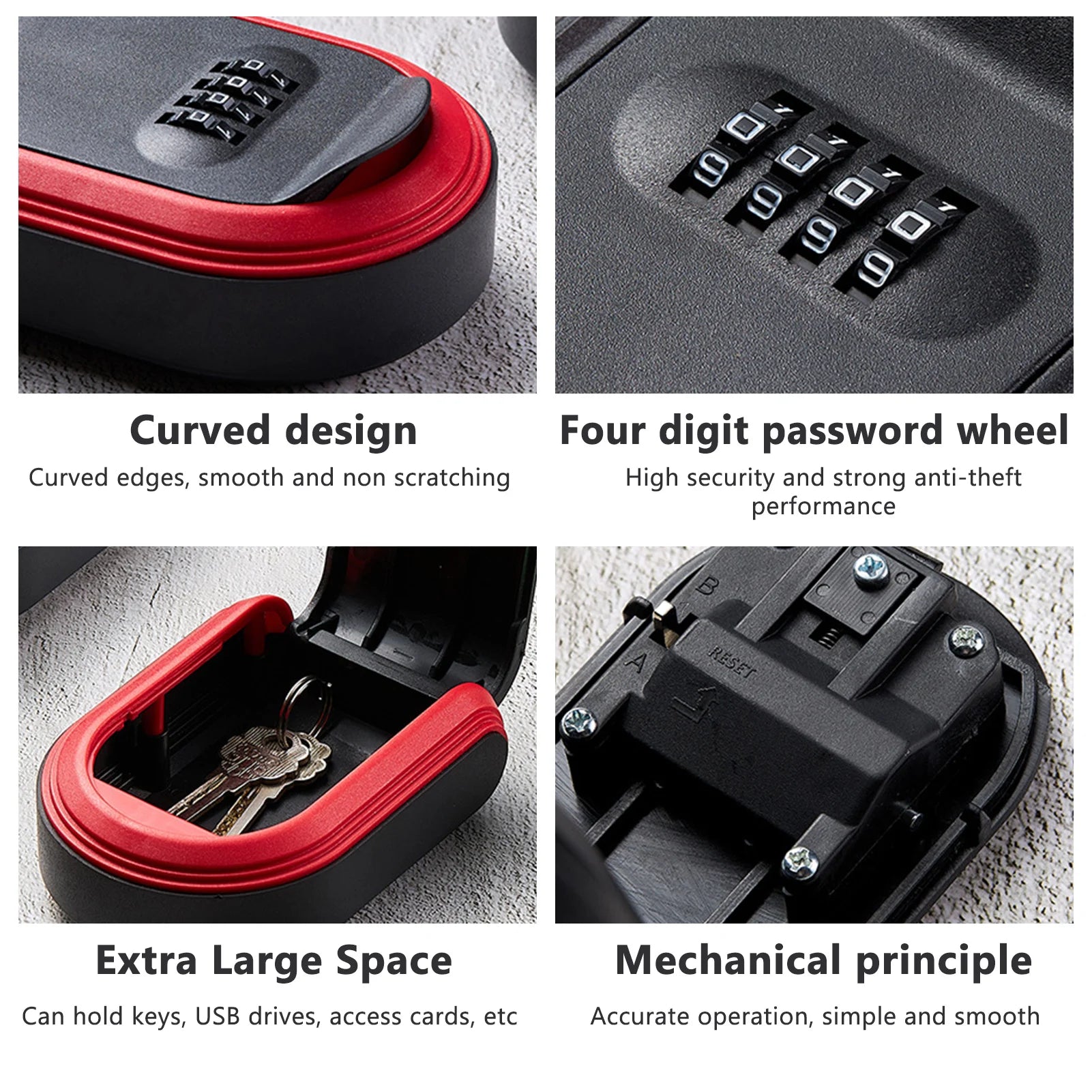 Black and red plastic wall-mounted key lock box with a four-digit combination code and interior storage space.