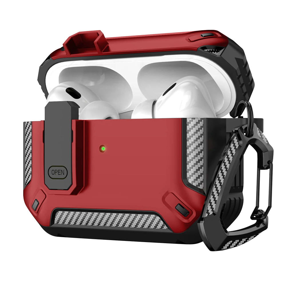 Rugged red and carbon fibre style protective case for Apple AirPods Pro with a locking latch and black carabiner.