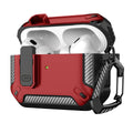 Rugged red and carbon fibre style protective case for Apple AirPods Pro with a locking latch and black carabiner.