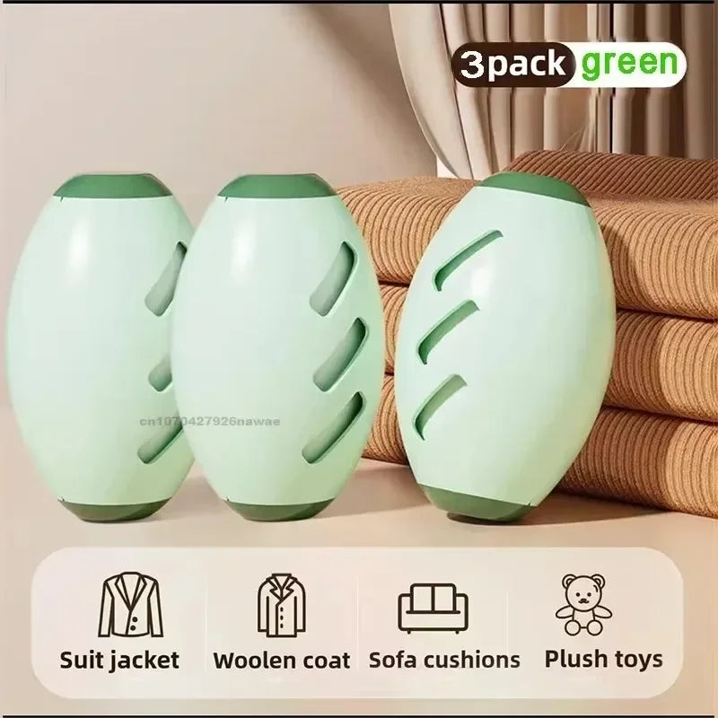 Three oval, light green laundry lint remover balls with dark green ends and diagonal vents.
