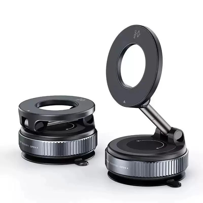 Two black, circular, adjustable suction-base phone mounts, one collapsed and one extended with a magnetic ring.