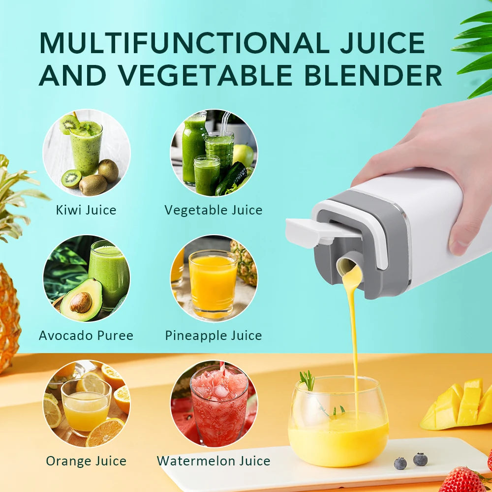 A white and grey portable blender pouring yellow juice into a glass, surrounded by images of various fruit juices.