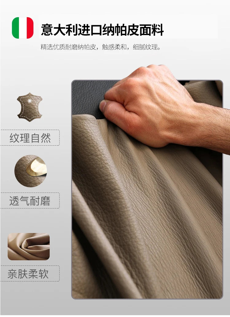 Close-up of a hand touching soft, textured beige leather upholstery for a minimalist bed frame.