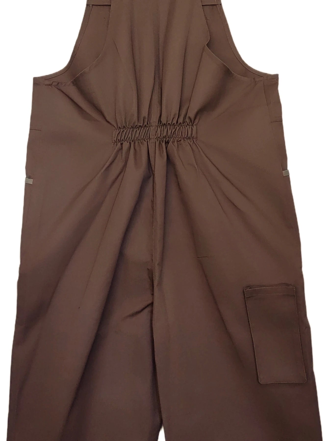 Brown heavy-duty mechanic coveralls with a gathered elasticated waist and side pockets.