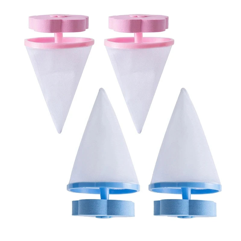 Four conical washing machine lint catcher bags with pink and blue floral-shaped foam floats.