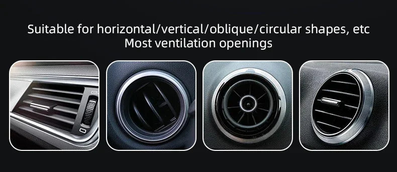 Four images showing various car air vent styles with black slats and silver metallic circular or rectangular frames.