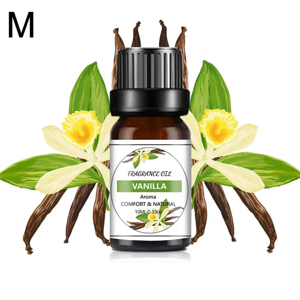 Amber glass bottle of natural vanilla fragrance oil (10ml) featuring a label with vanilla flowers and bean illustrations.