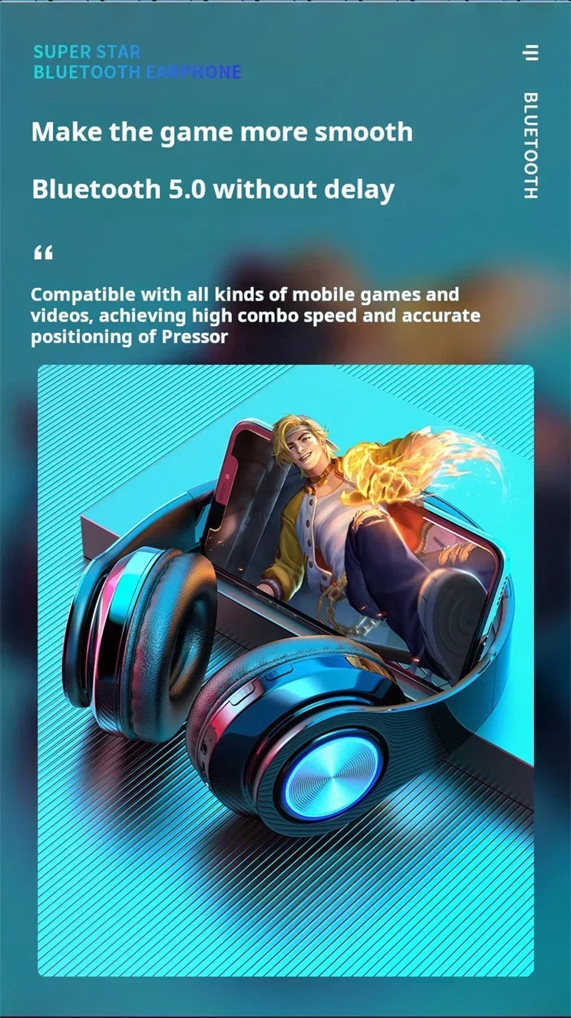 Black wireless gaming headset with glowing blue LED lights on the earcups, resting on a smartphone gaming display.