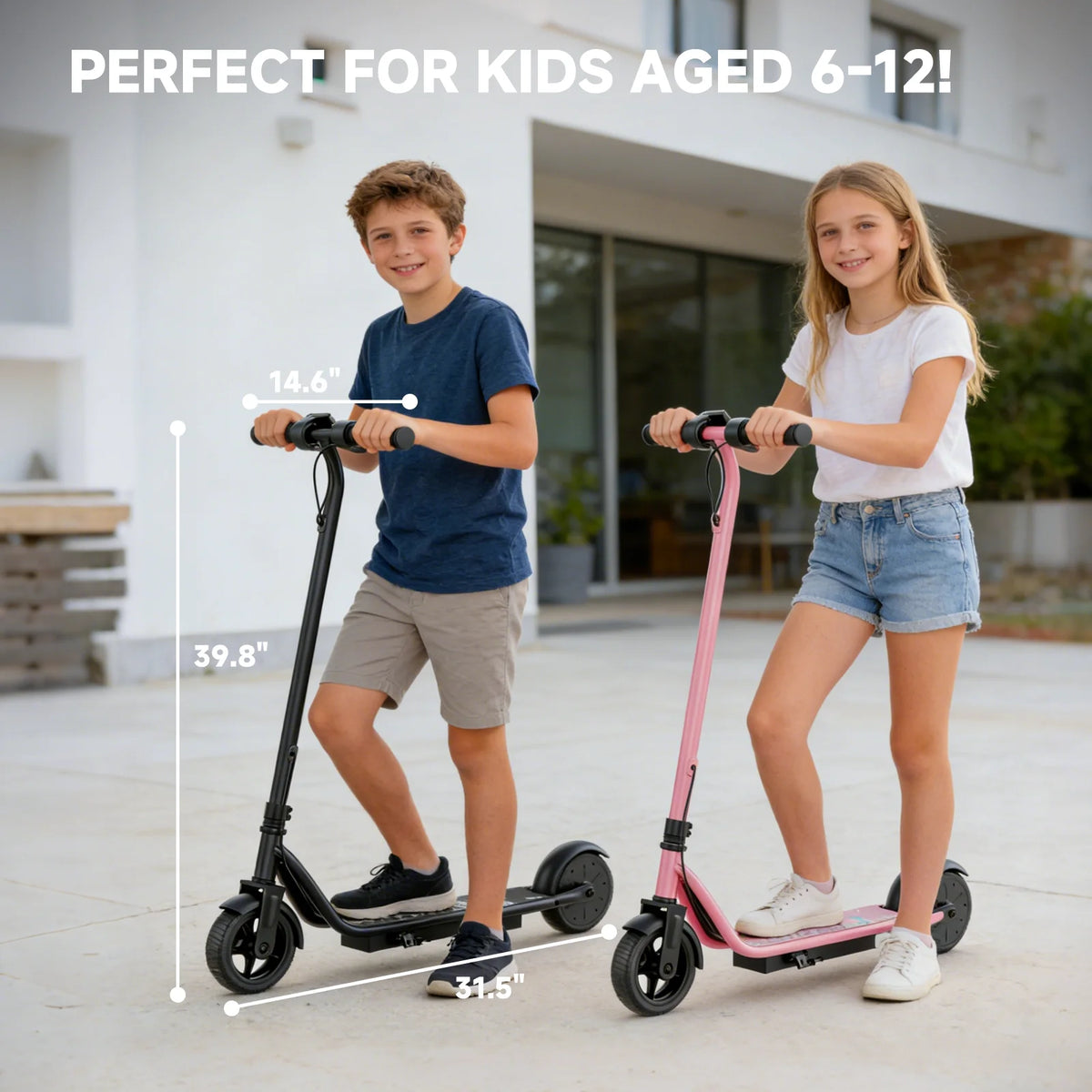 Two kids riding black and pink Ladped electric scooters with 8.5-inch tires outside a modern home.