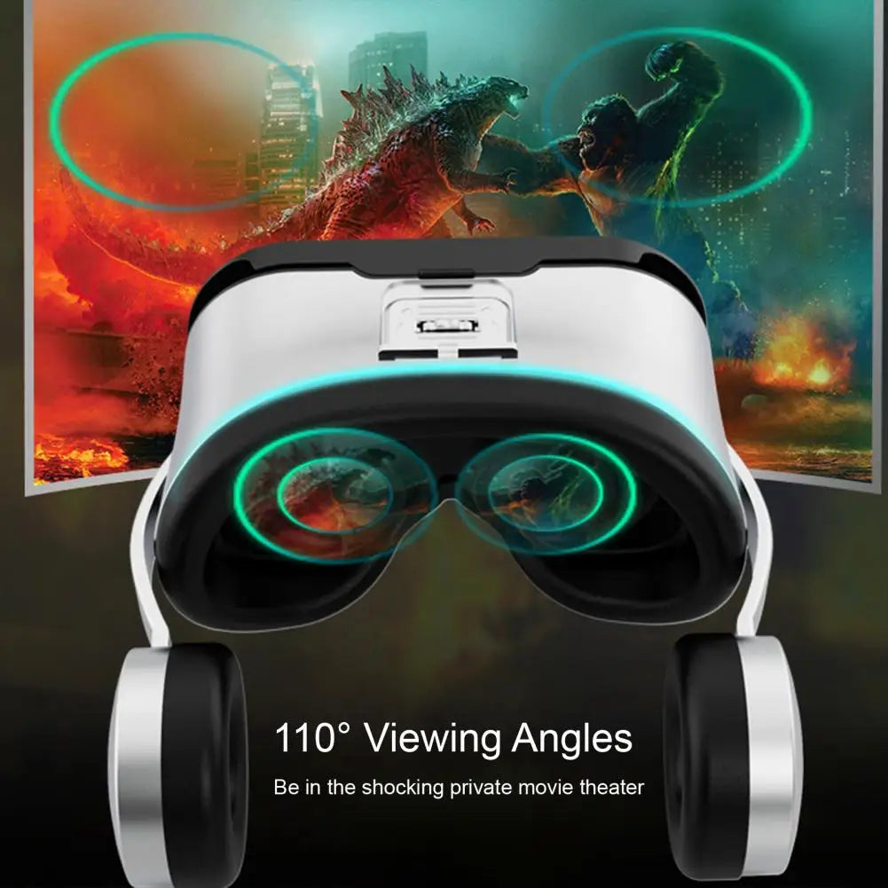 White and black 3D VR headset with attached headphones, showing dual lenses and a monster movie scene on screen.