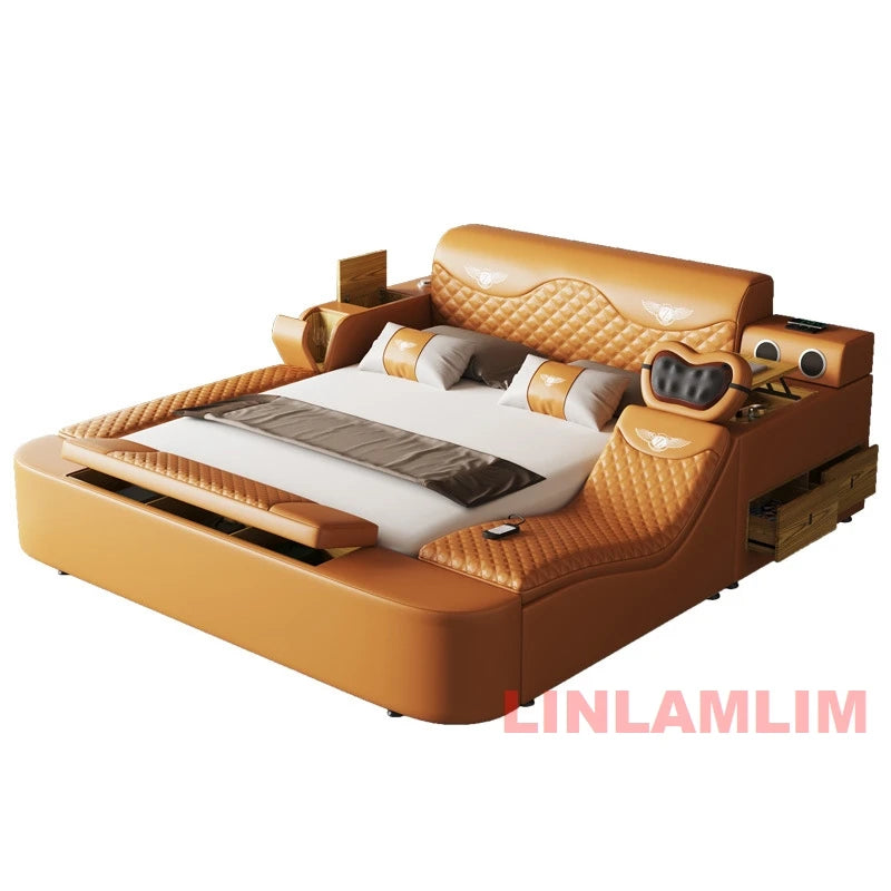 Luxury tan leather all-in-one bed with diamond-stitched headboard, built-in storage, speakers, and integrated desk.