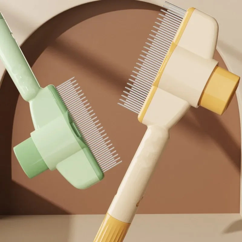Two pet grooming brushes with metal teeth in pastel green and cream-yellow, set against a brown arched background.