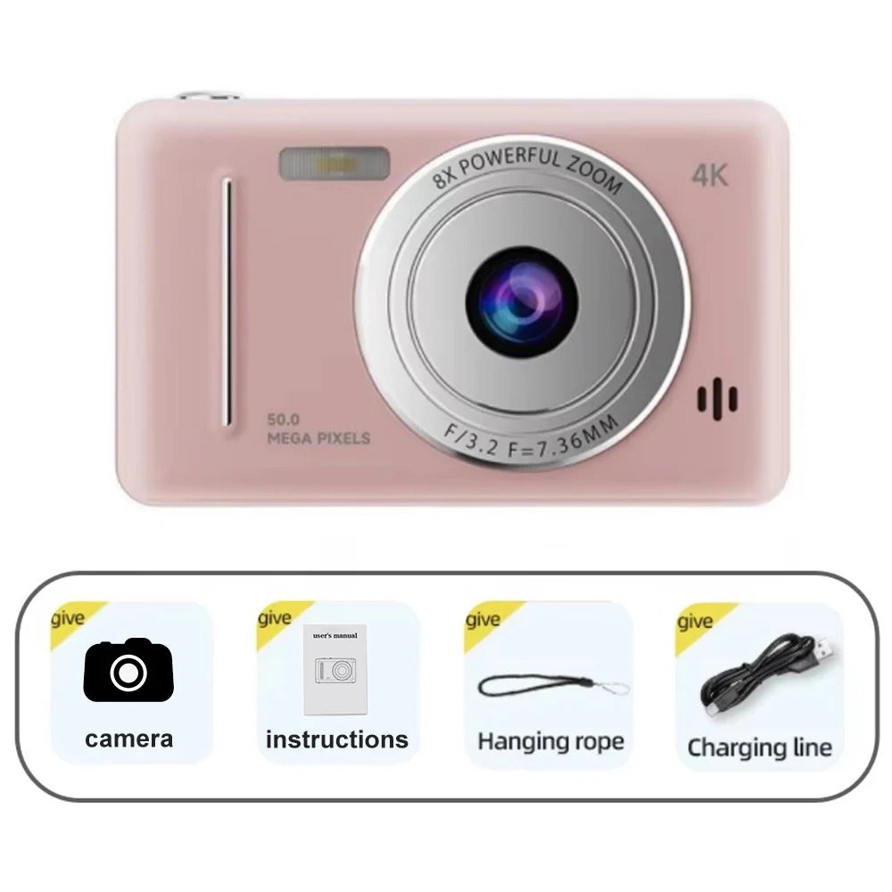 Pink 50MP 4K digital camera with 8x zoom lens, including user manual, wrist strap, and USB charging cable.