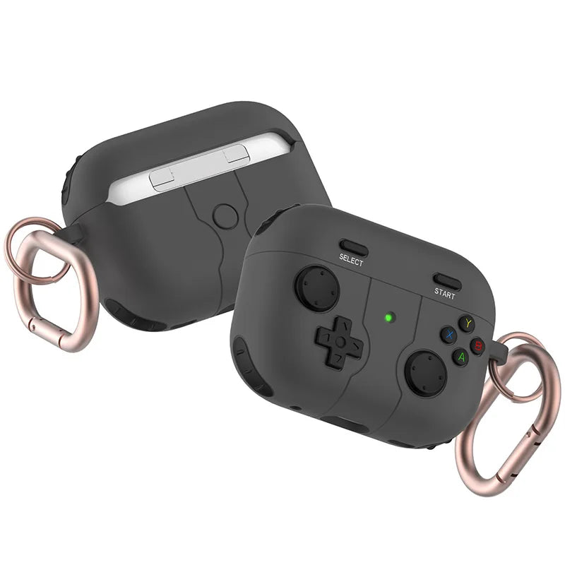 Grey silicone AirPods Pro case designed like a retro game controller with a rose gold carabiner.