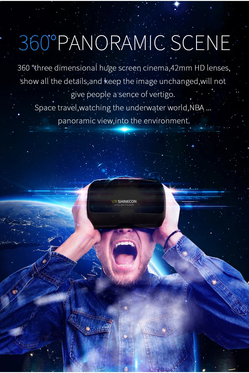 A person wearing a sleek black 3D virtual reality headset against a cinematic outer space background.