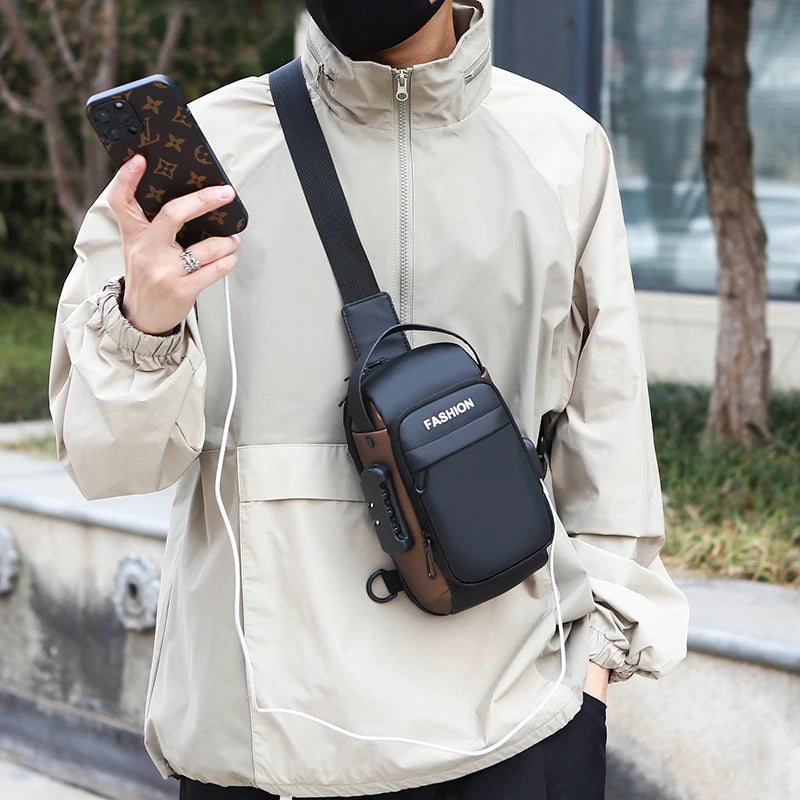 A person wearing a black and brown anti-theft crossbody chest bag with an integrated USB charging port.