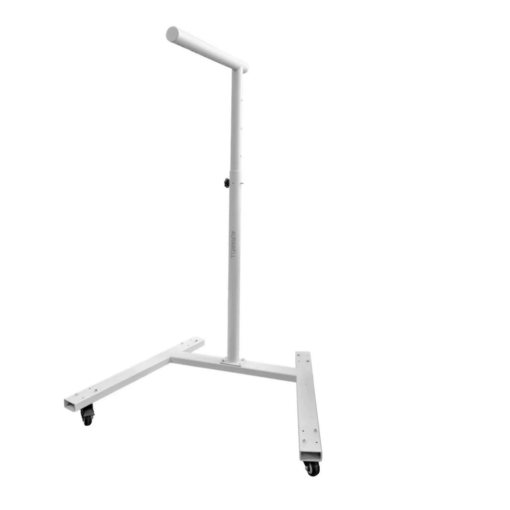 White metal stand with rolling casters, T-shaped top bar, and adjustable height post, isolated on white.