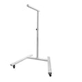 White metal stand with rolling casters, T-shaped top bar, and adjustable height post, isolated on white.