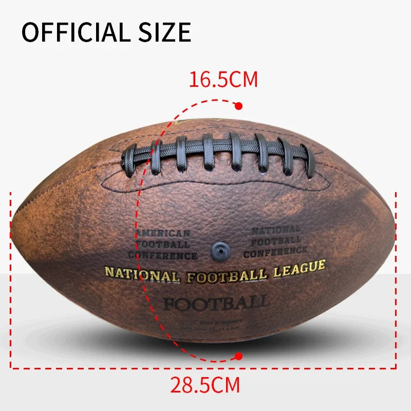 Official size American football in a classic, textured brown finish with black laces and league-style gold lettering.