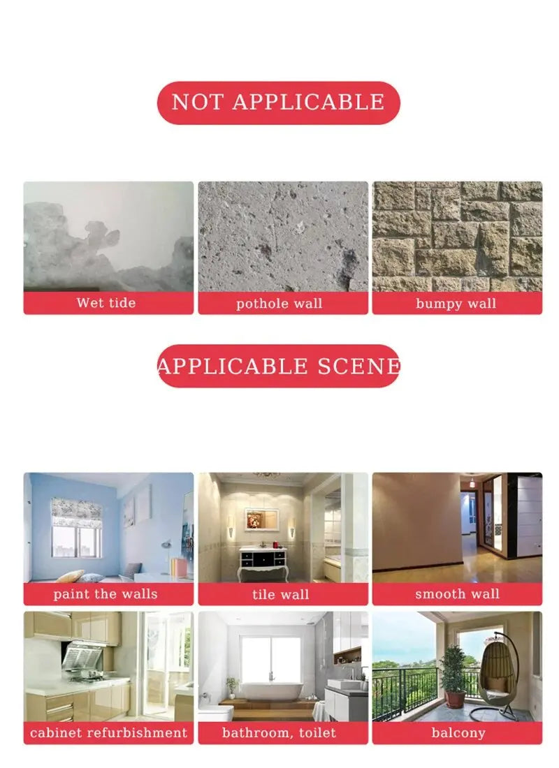 Infographic showing surface types suitable for 3D self-adhesive wall tiles, including home and balcony applications.