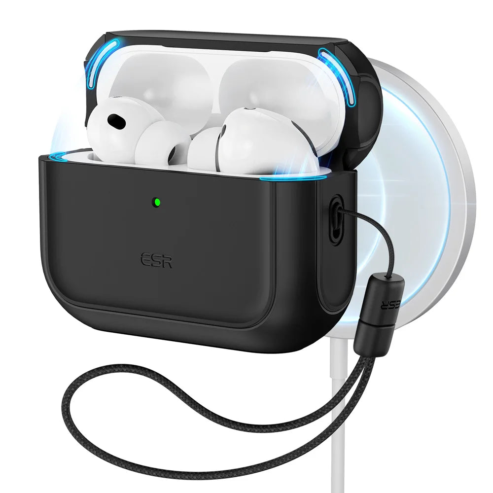 Matte black silicone ESR protective case for AirPods Pro, featuring a wrist lanyard and wireless charging support.