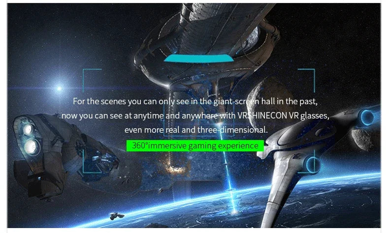Space-themed digital graphic promoting a 360-degree immersive gaming experience with virtual reality glasses.